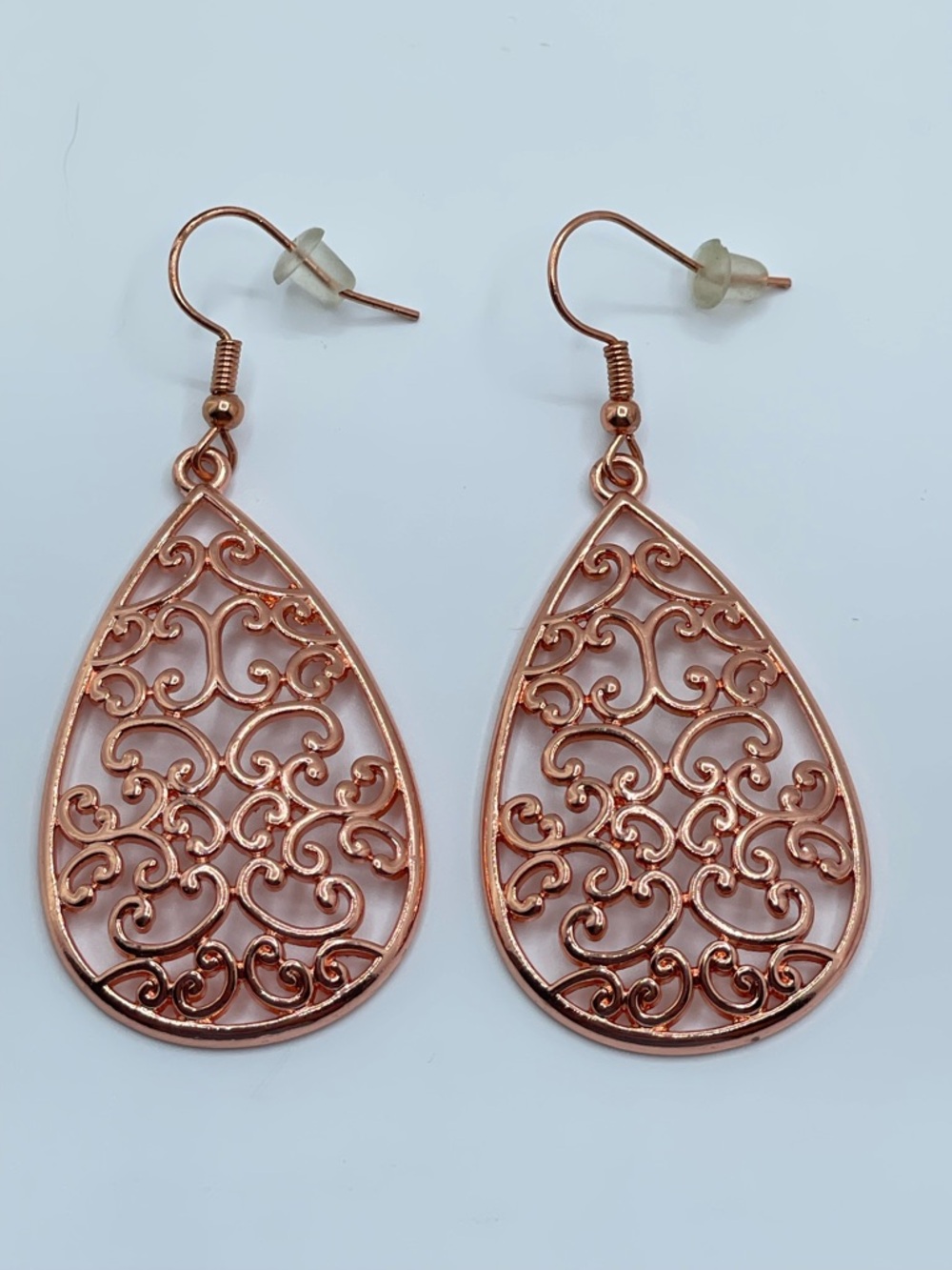 Rose Gold Filigree Teardrop Dangle Earrings Lightweight Elegant Scroll